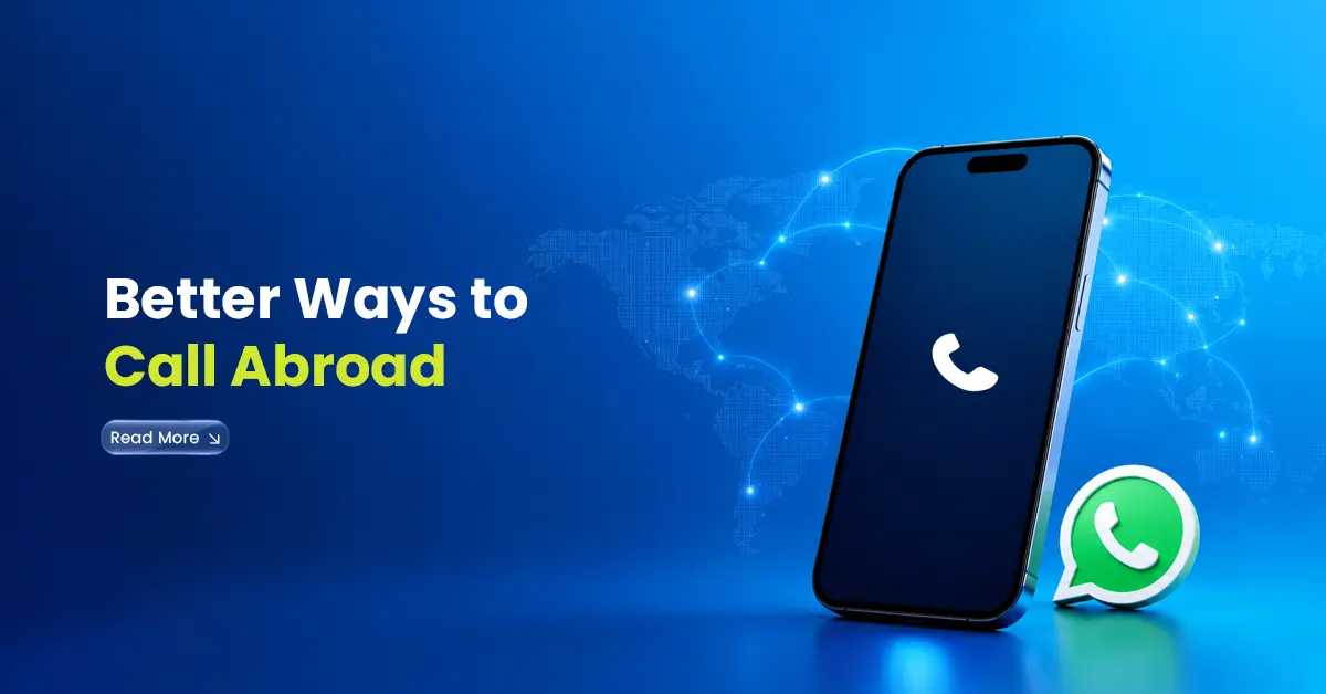 International calling alternatives visual with smartphone, call icon, WhatsApp-style phone icon, and global connection map background.