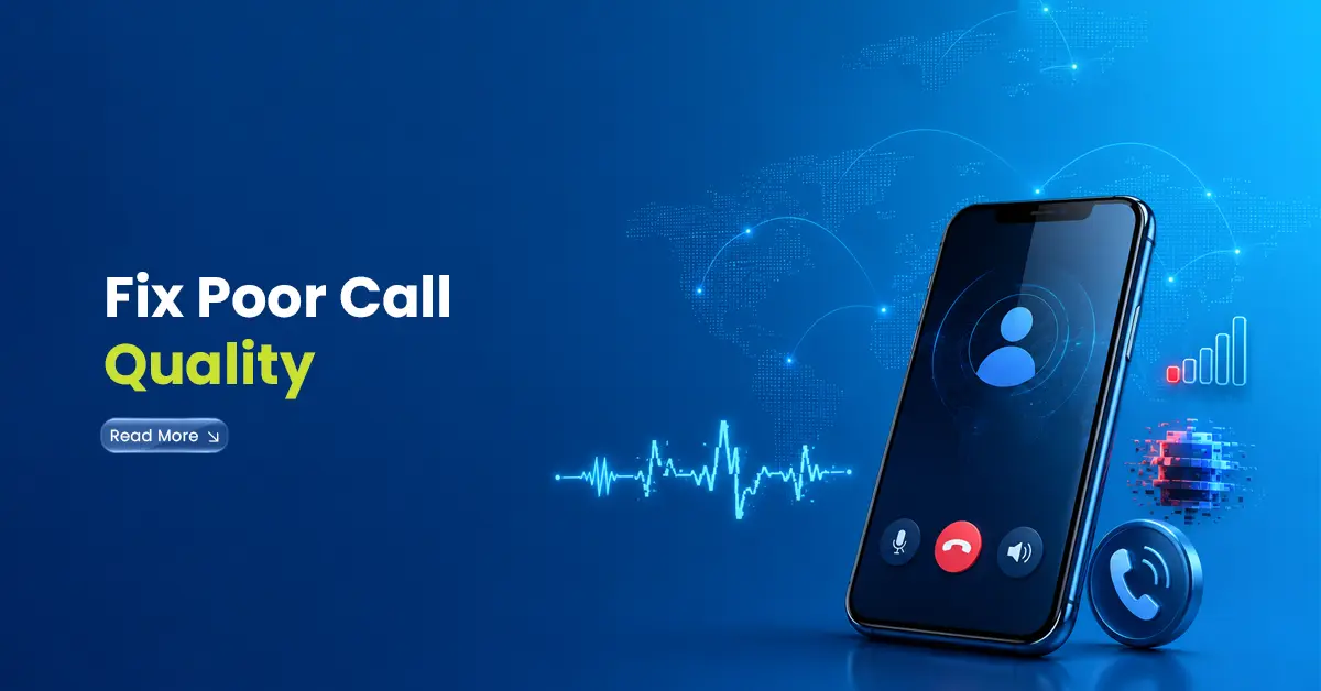 VoIP call quality troubleshooting visual with smartphone call screen, weak signal bars, broken audio waveform, and global connection background.