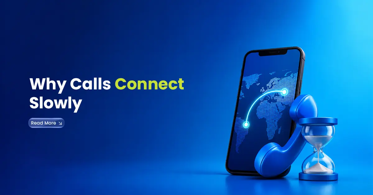 International call connection delay visual with smartphone, handset, hourglass, and global call route showing slow call setup.
