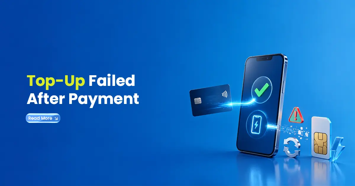 Mobile top-up failed after payment visual with smartphone, payment card, SIM card, warning icon, and recharge retry symbol.