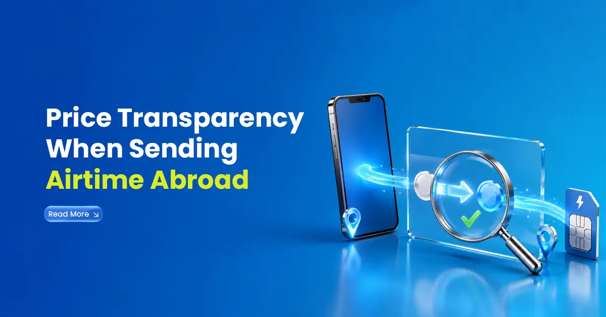 Price transparency visual with smartphone, magnifying glass, checkmark, SIM card, and transfer icons showing clear airtime costs abroad.
