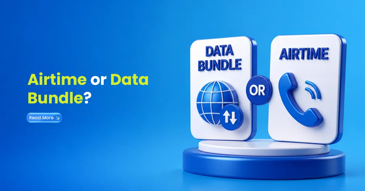Airtime and data bundle comparison visual with call icon, internet data icon, and OR symbol showing the difference between airtime and bundles.