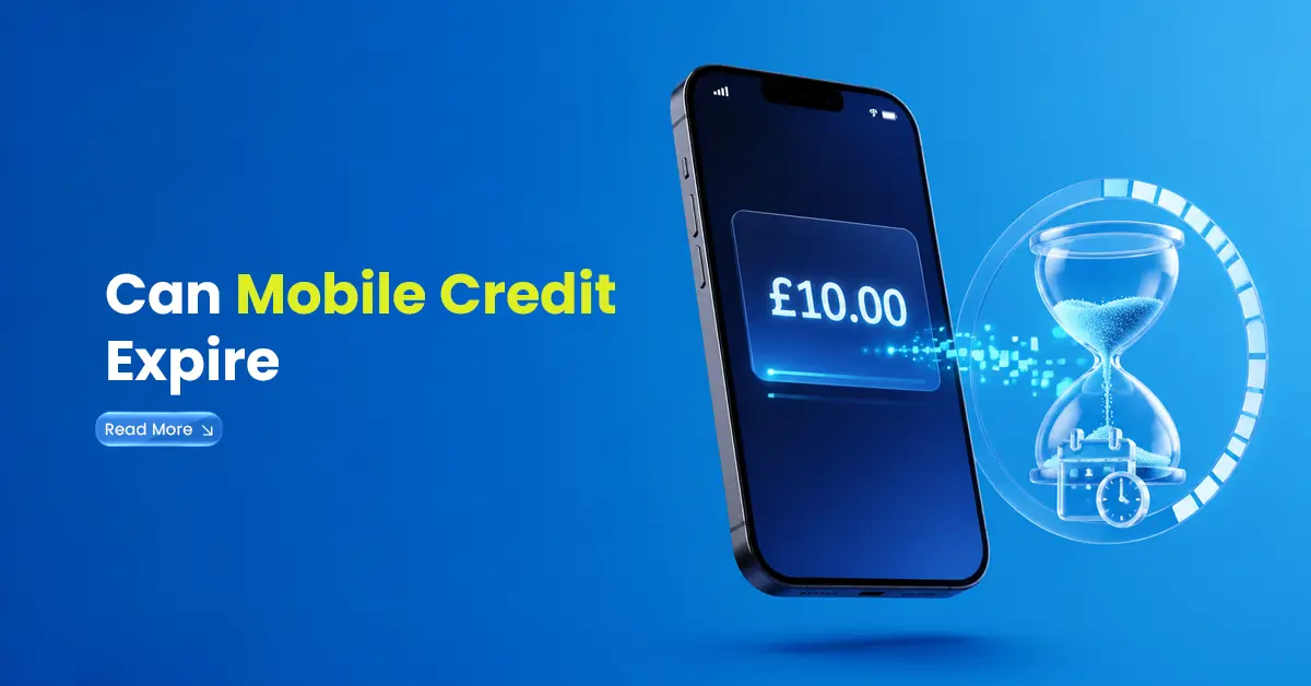 Mobile credit expiry visual with smartphone showing £10 balance, hourglass, clock, and time indicator representing expiring mobile credit.