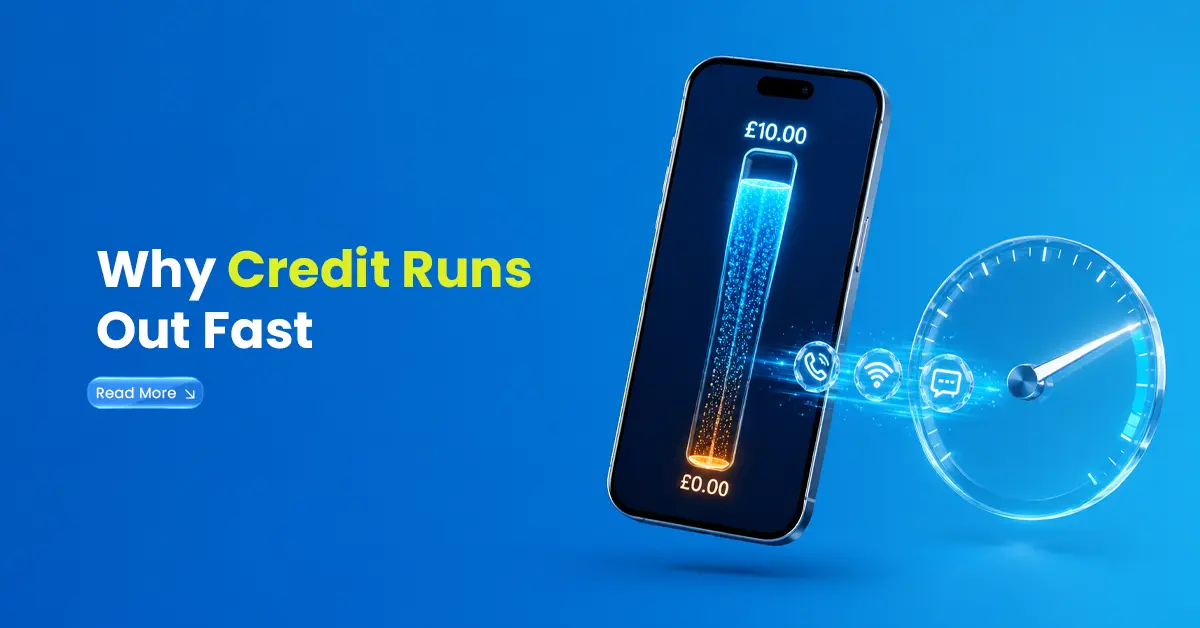 Mobile credit running out fast visual with smartphone balance dropping from £10 to £0, speed gauge, and call, Wi-Fi, and message icons.