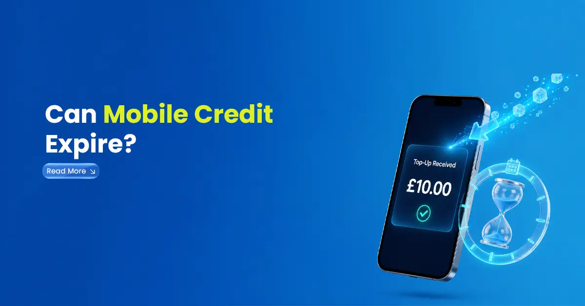 Mobile credit expiry visual with smartphone showing top-up received, £10 balance, hourglass, and time indicator for expiring mobile credit.