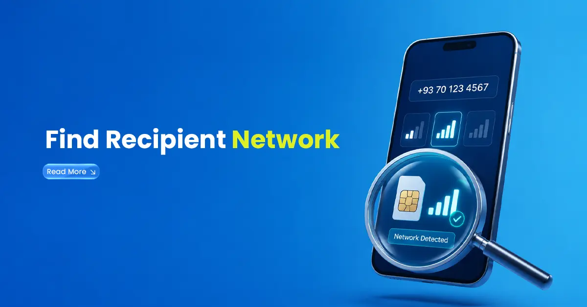 Recipient network detection visual with smartphone, mobile number, SIM card, signal bars, and magnifying glass showing how to find a user’s network.