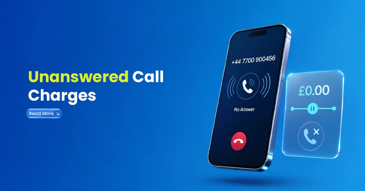 Unanswered international call charge visual with smartphone showing no answer, £0.00 charge panel, and declined call icon.