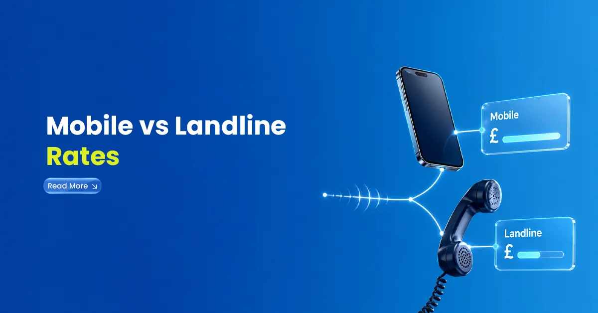 Mobile and landline rate comparison visual with smartphone, landline phone, and price cards showing different international calling rates.