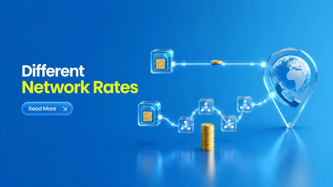 SIM cards, coin stack, globe call icon, and network route visuals showing why calling the same country can cost more on different mobile networks.