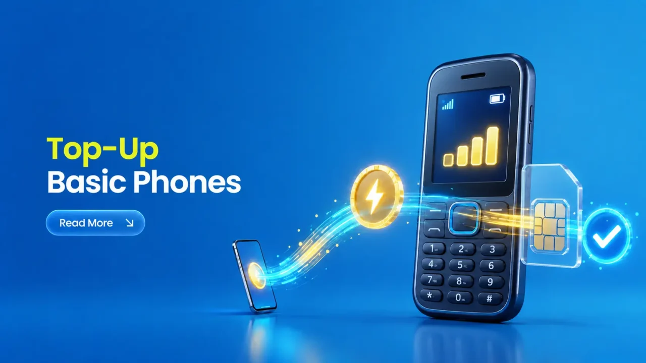 Basic phone top-up visual with keypad mobile, SIM card, signal bars, digital transfer lines, and checkmark showing successful recharge without apps
