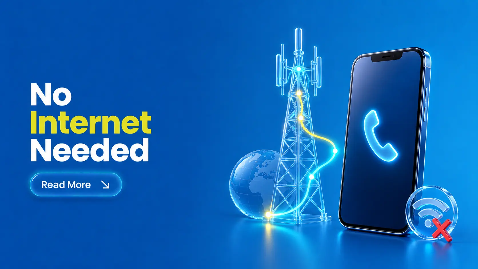 Smartphone, telecom tower, globe, call icon, and crossed-out Wi-Fi symbol showing that receiving an international call does not require internet.