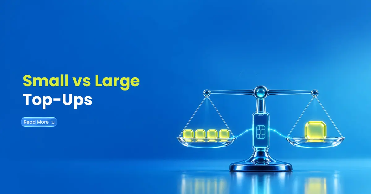 Comparison visual showing small and large mobile top-ups with a balance scale, SIM card, and digital credit blocks representing different recharge options.