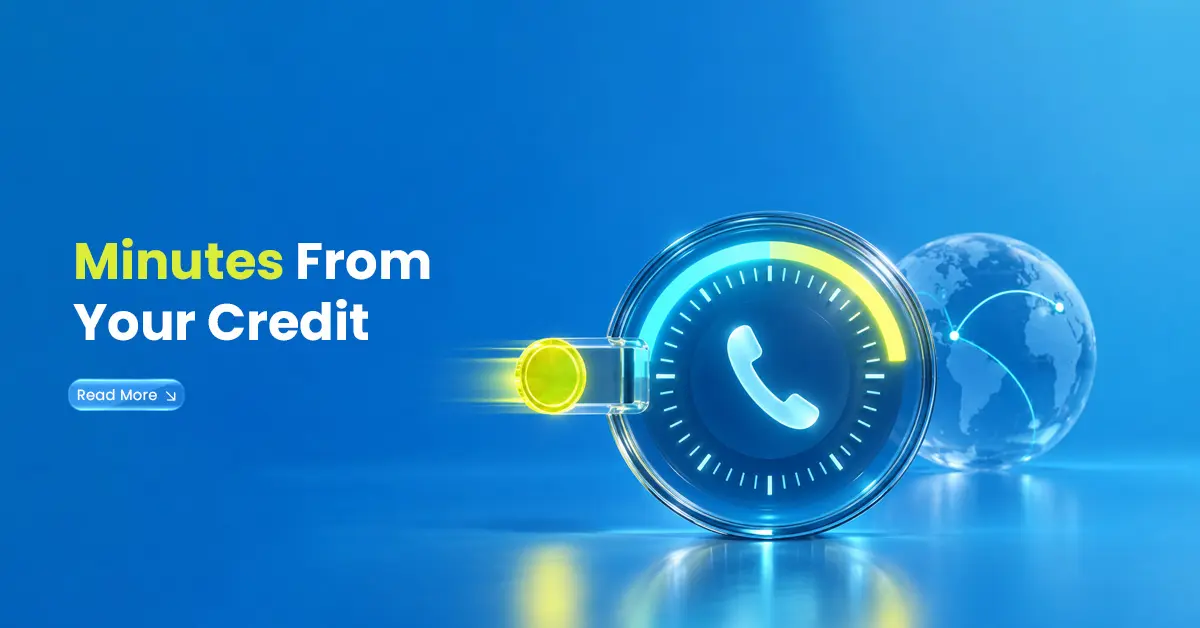 International calling credit visual with phone icon, timer gauge, coin, and globe showing how mobile credit converts into calling minutes.