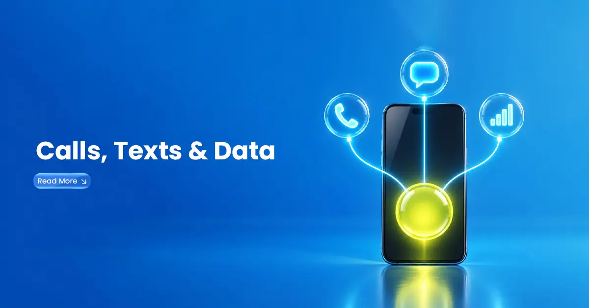 Mobile credit visual with a smartphone and call, text message, and mobile data icons showing how credit can be used for different mobile services.