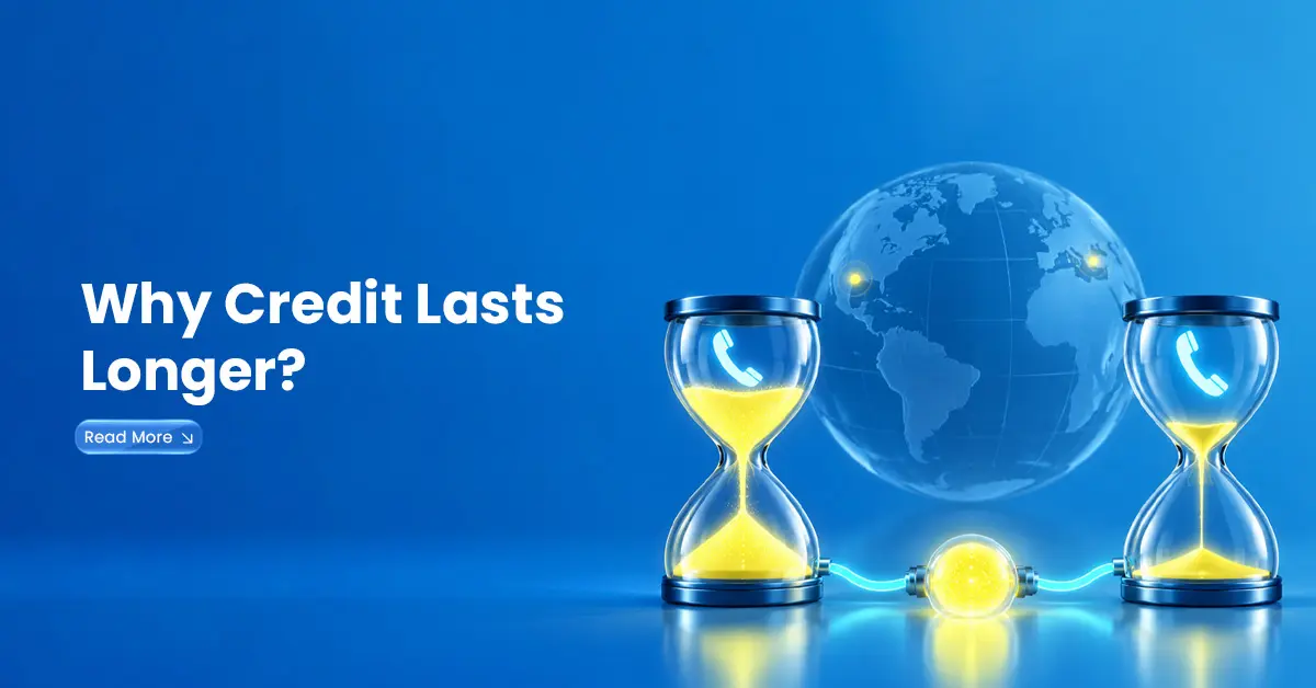 International calling credit visual with hourglasses, phone icons, and a globe showing why calling credit lasts longer for some countries than others.